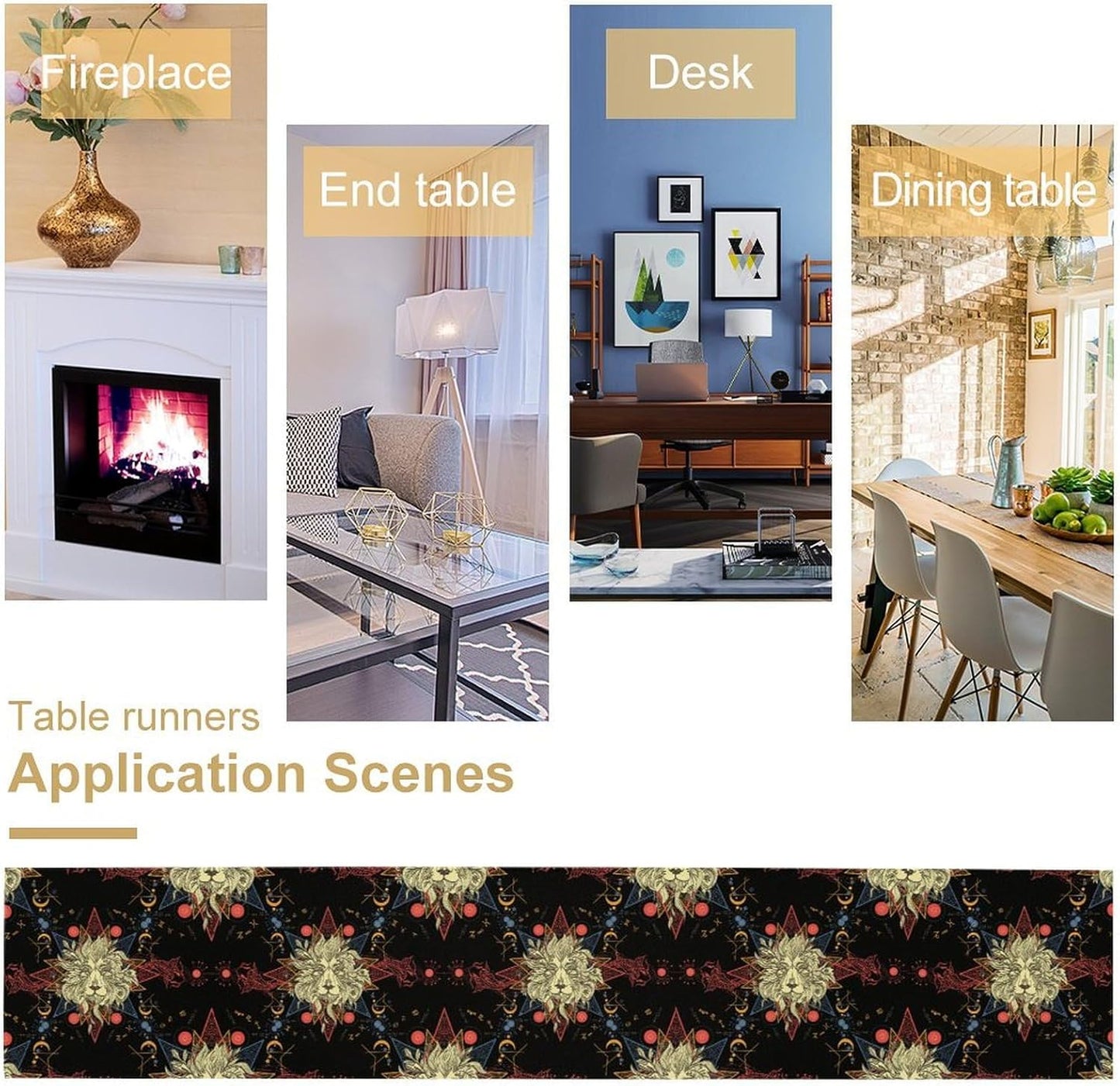 Boho Moon Lion Table Runner, Chinese Fish Phase of The Moon Sun Moon Table Runner for Kitchen Dining Table Home Party,13x90 Inch Black Red