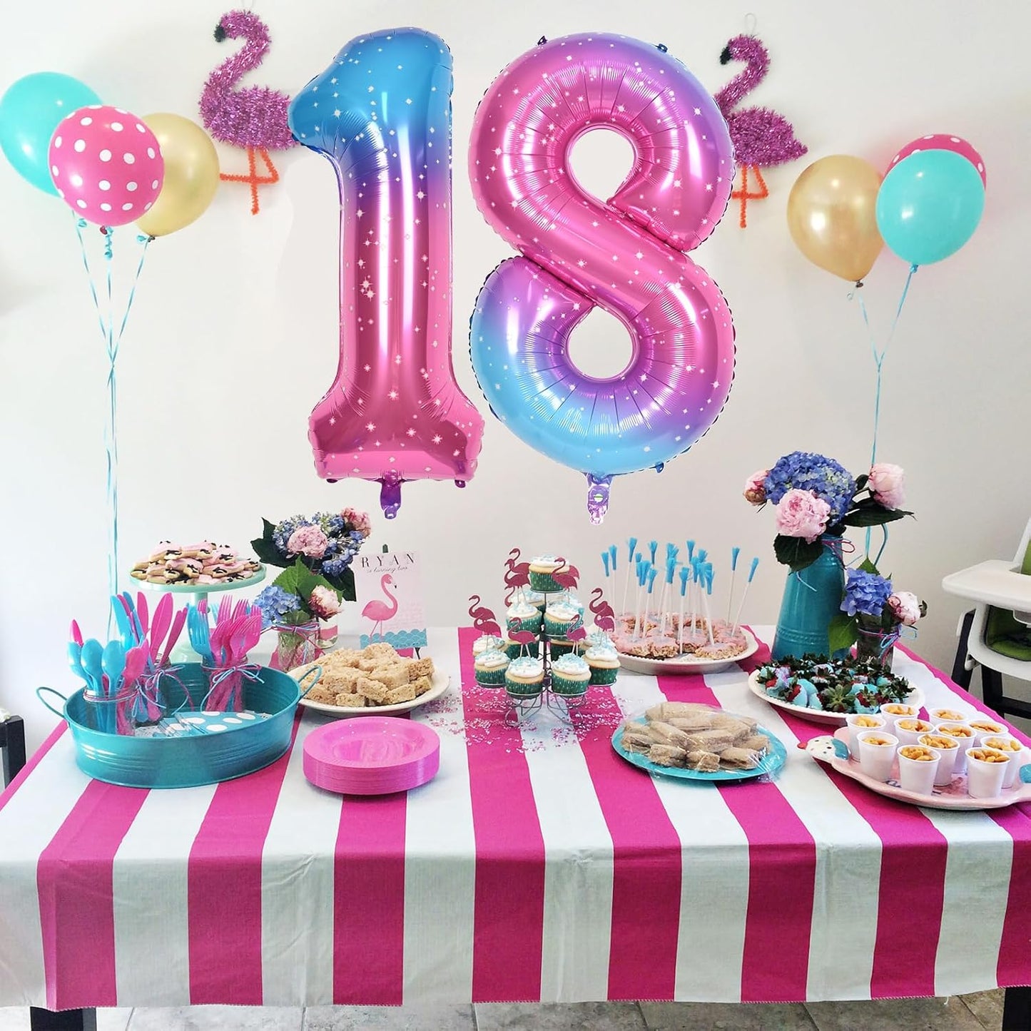 40 In Rianbow Large Numbers Balloons 0-9, Self Inflating Gradient Blue Pink Foil Number 0 Helium Balloons for Girls, Starry Digit 0 Balloons for Women Birthday Party Anniversary Supplies Decorations