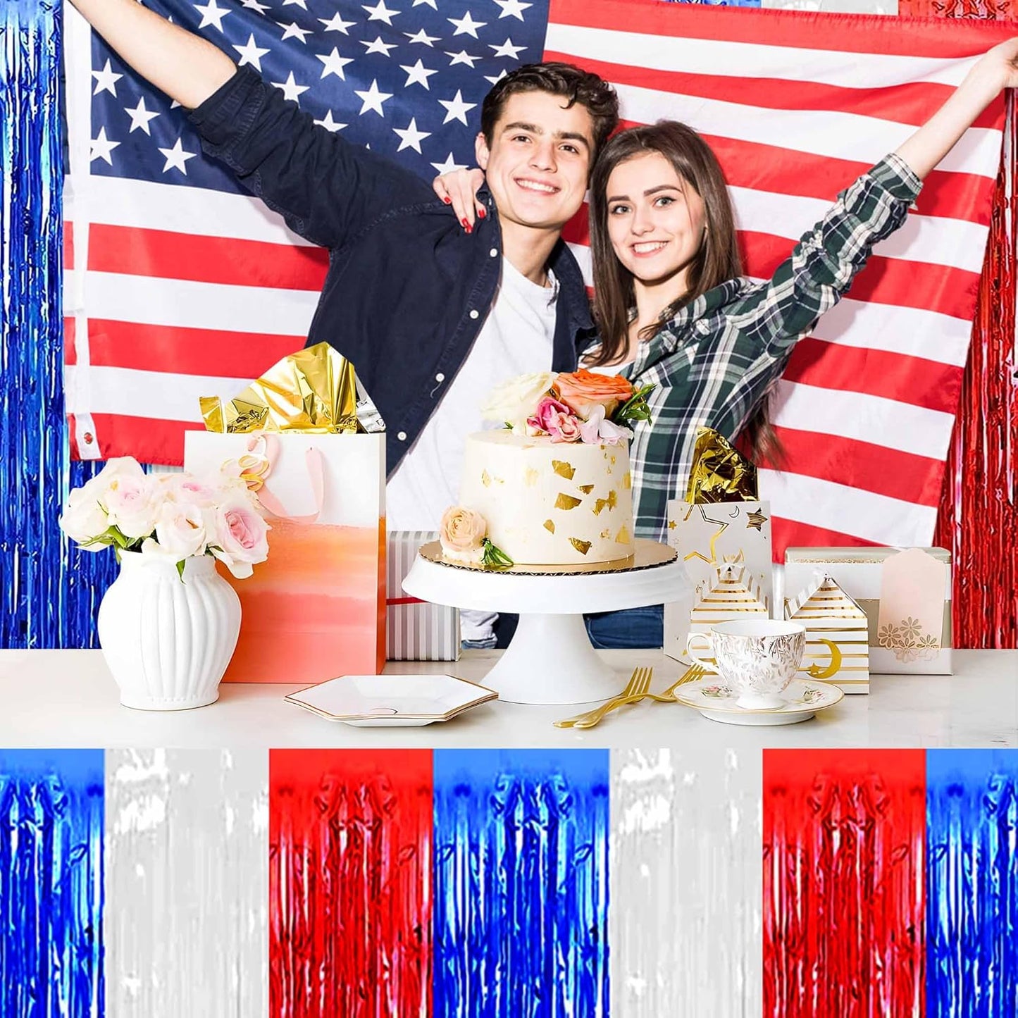 3 Pack White Blue Red Foil Fringe Table Skirts Metallic Tinsel Streamers Garland Banner Backdrop for Table Decor, Parade Float, Birthday, Wedding, Halloween, Christmas Party Decorations(29x108 In)