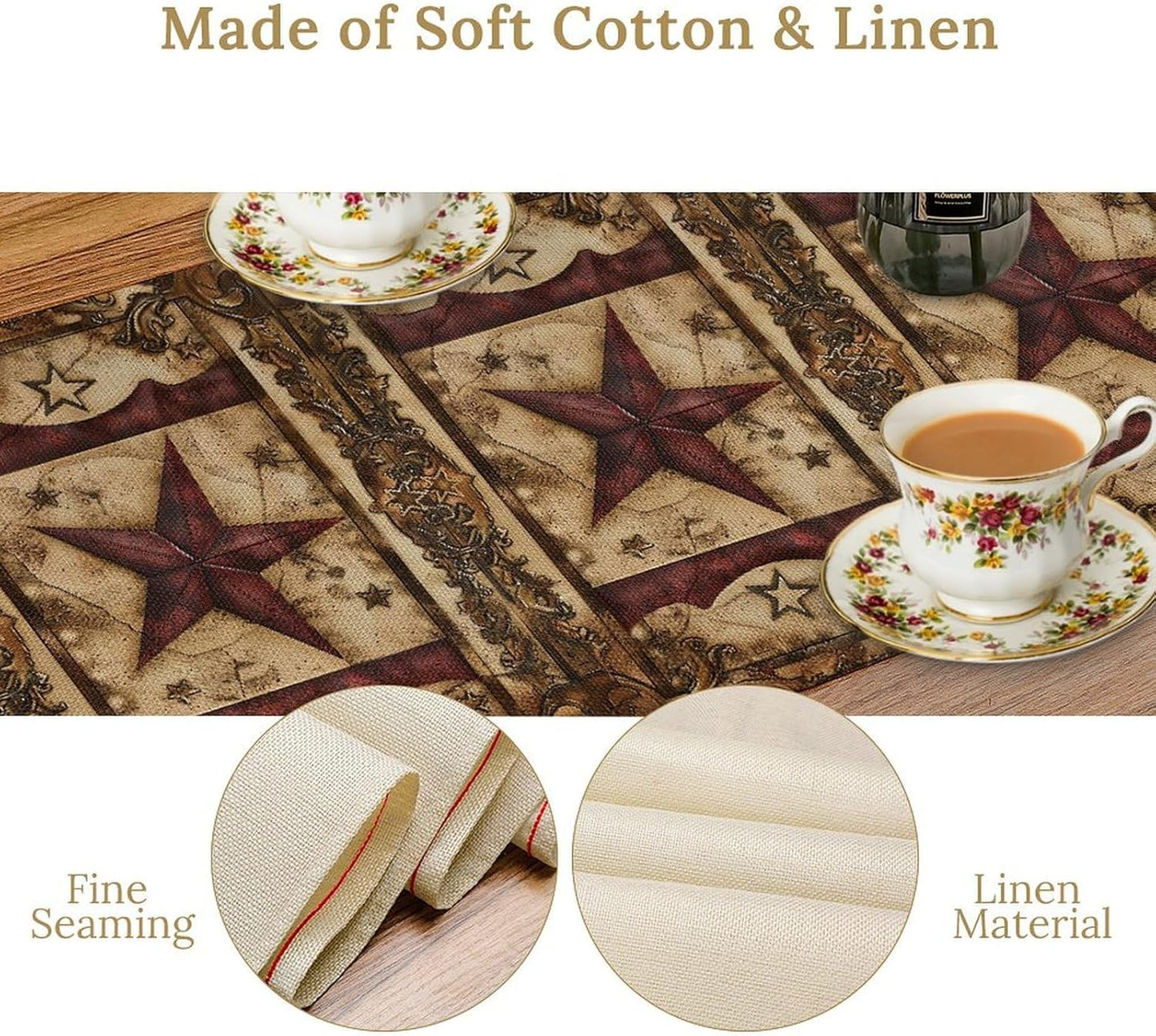 Wild West Table Runner, Rustic Farmhouse Texas Star Vintage Rodeo Cowboy Old Sign Wild West Print Pattern for Home Kitchen Table Decor Dining Coffee Room Garden Party Decor 13x90in