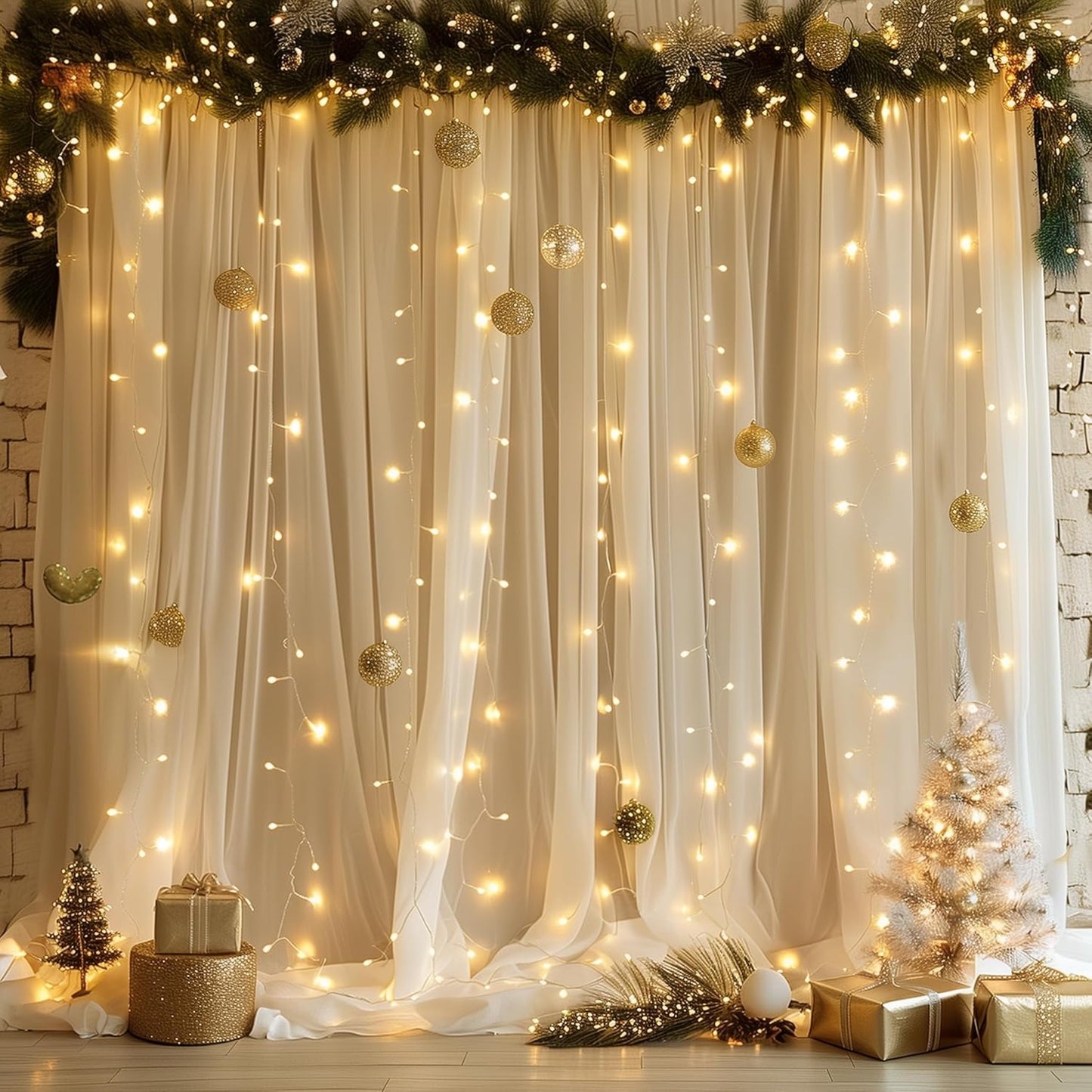 Fomcet Champagne Tulle Backdrop Curtains with Lights String 10FT X 10FT Sheer Curtain with Lights Tulle Curtains Backdrop for Wedding Birthday Party Photo Shoot (2 Panels 5x10FT)