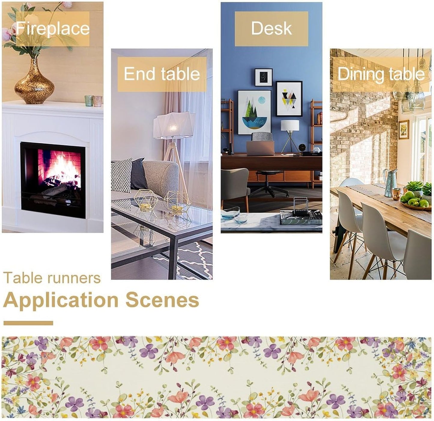 Floral Table Runner,Flowers Plant Print Spring Table Runner for Kitchen Dining Table Decoration for Home Party Decor 13x60 Inch