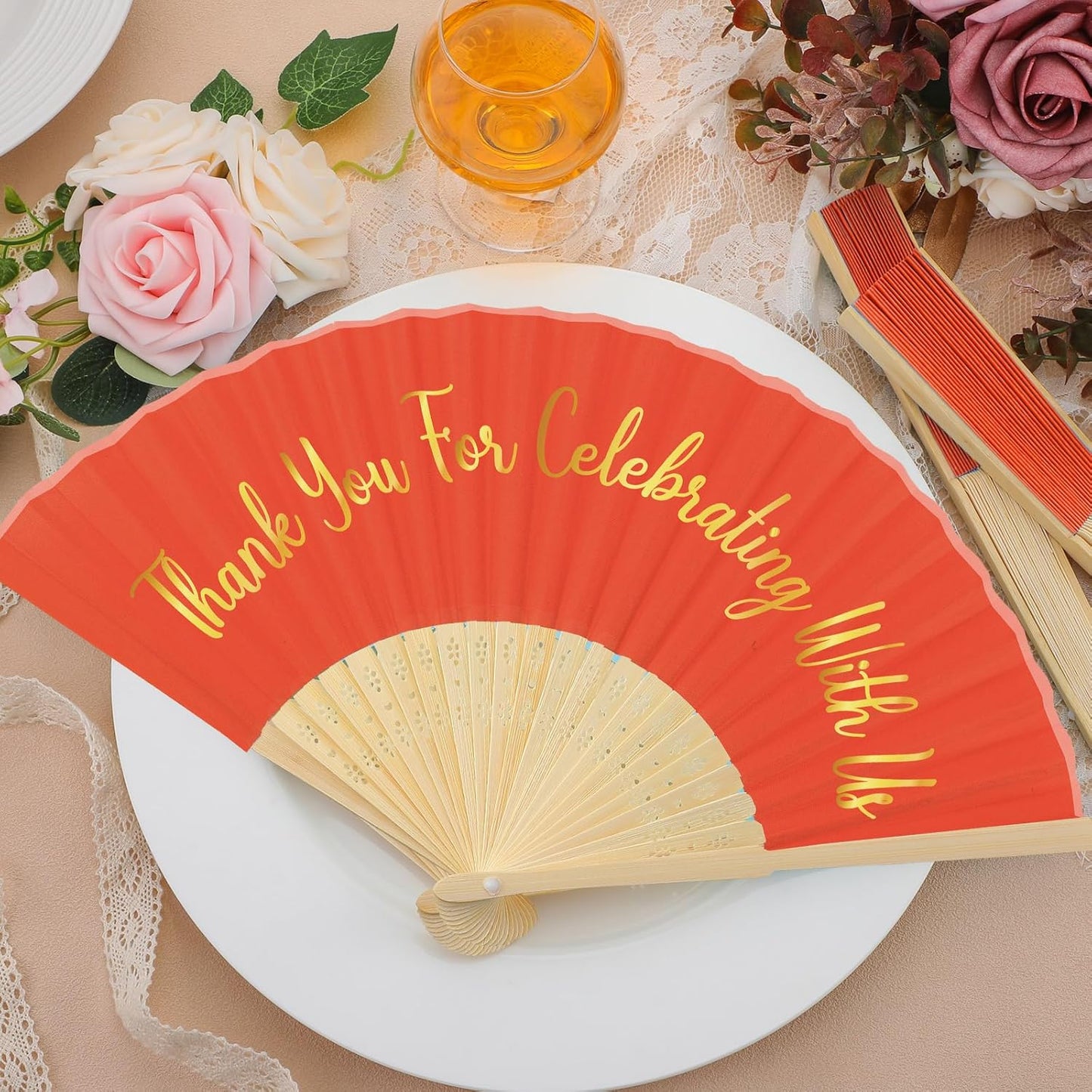 Jetec 50 Pcs Wedding Fans for Guests Bulk Silk Hand Fans Handheld Folded Thank You for Celebrating with Us Wedding Favors for Bridal Bridesmaid Baby Shower Dancing Party Church Gift(Orange)