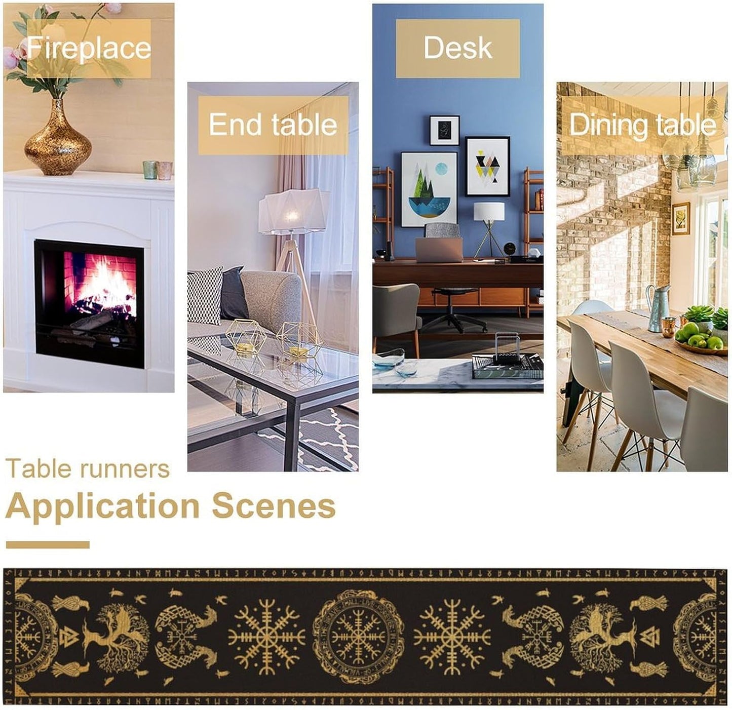 Viking Tree of Life Abstract Table Runner for Living Room Home Party Coffee Dining Party Wedding Golden Black Celtic Style Geometric Dragon Boat Rudder Ancient Script Table Runner 13x36 Inch