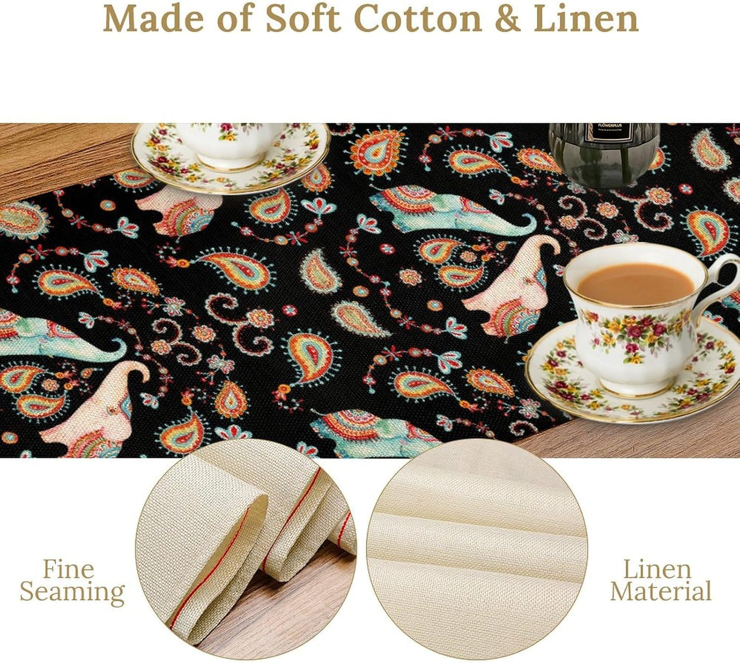 Boho Table Runner, Indian Bohemian Elephant Mandala Paisley Floral Hippie Art Print Table Center Decor for Home Kitchen Dining Patio Holiday Party Indoor Outdoor Table Decorations, 13"x90" Inch