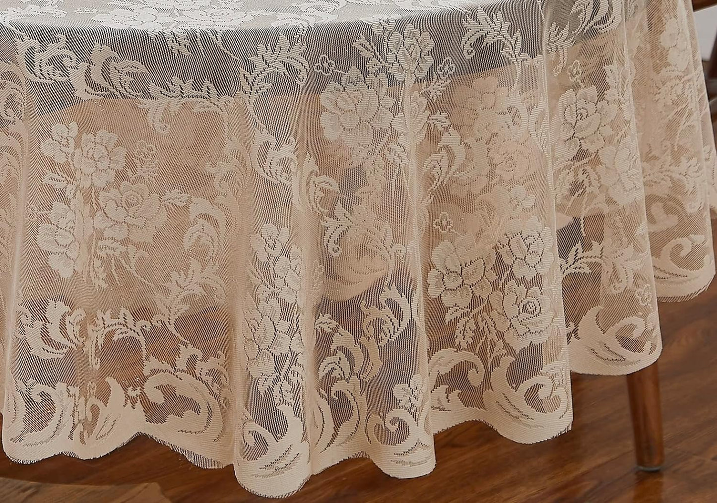 LinenZone Linen Oval Tablecloth for Rustic Vintage Decor. Sheer Lace Tablecloth Works Great As Wedding, Thanksgiving or Christmas Decor (Mia Oval 104, Linen)