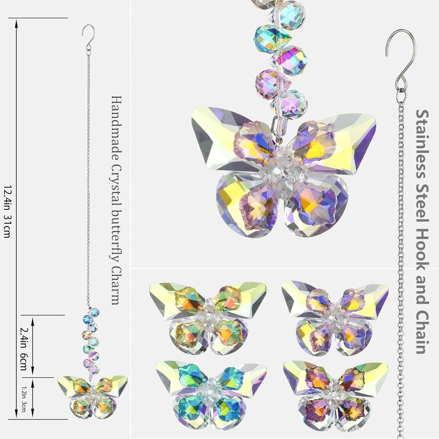 HDCRYSTALGIFTS 4pcs Crystal Butterfly Suncatchers for Window Hanging Ornaments, Rainbow Maker Sun Catchers Indoor Outdoor Patio Garden Decor Gifts