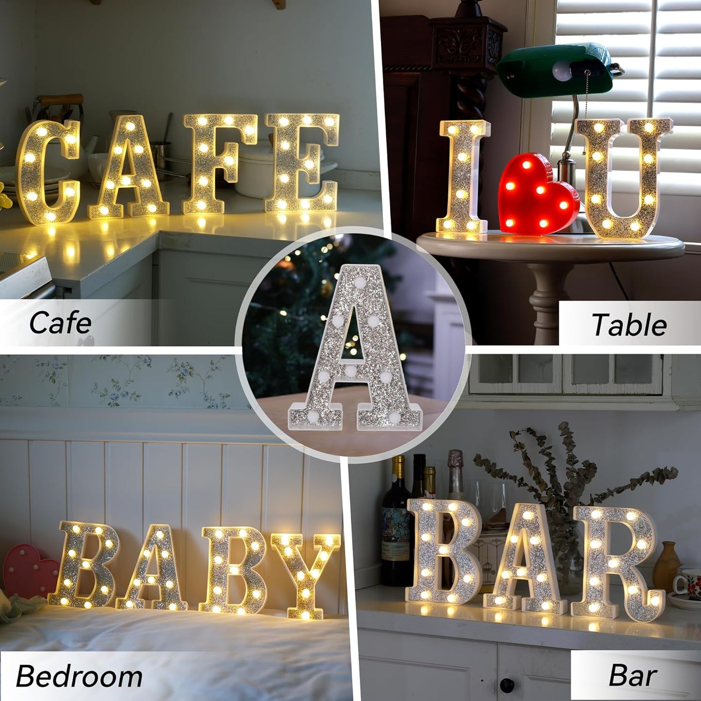 Marquee Light Up Letters, Glitter Silver LED Letter Lights Battery Powered Alphabet Letter Sign for Night Light Wedding Birthday Party Cafe Bar Decoration Girls Room Decor - U