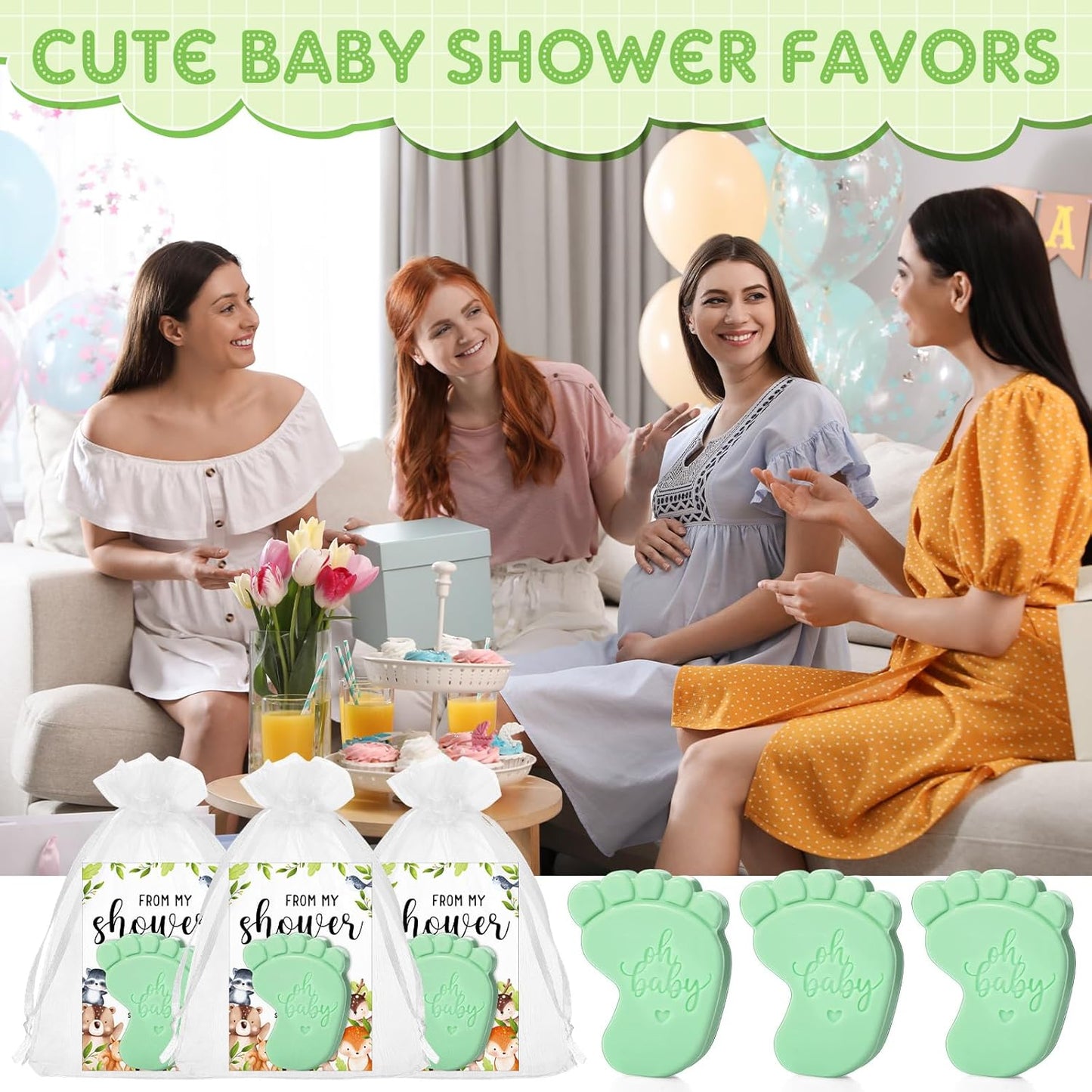 50 Sets Baby Shower Soap Favors for Guests - Mini Handmade Footprint Scented Soap with Thank You Cards and Organza Bag, Party Gifts for Gender Reveal Baptism Shower(Light Green)
