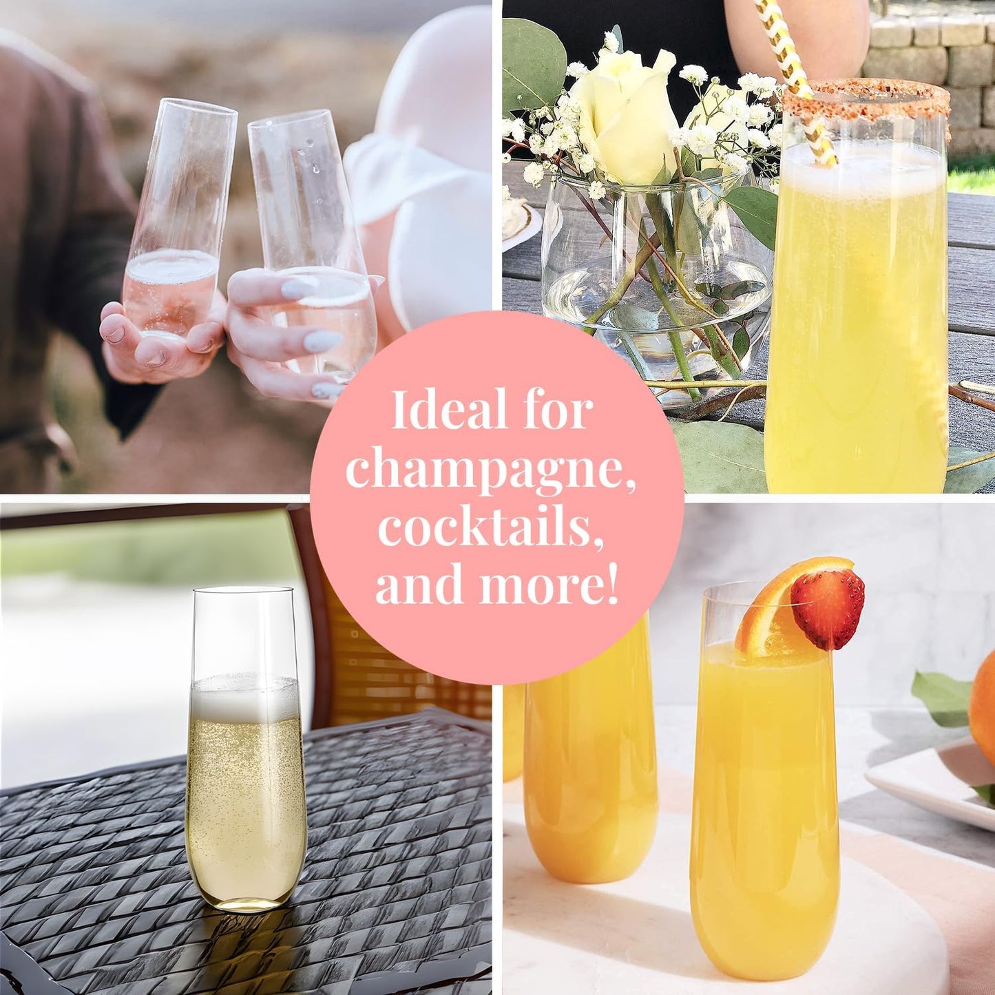 Prestee 48 Pack Plastic Champagne Flutes 9 oz - Stemless Disposable Champagne Flutes for Cocktails Mimosa Bar and Party Supplies - Clear Shatterproof Plastic Wine Glasses for Wedding and Summer Party