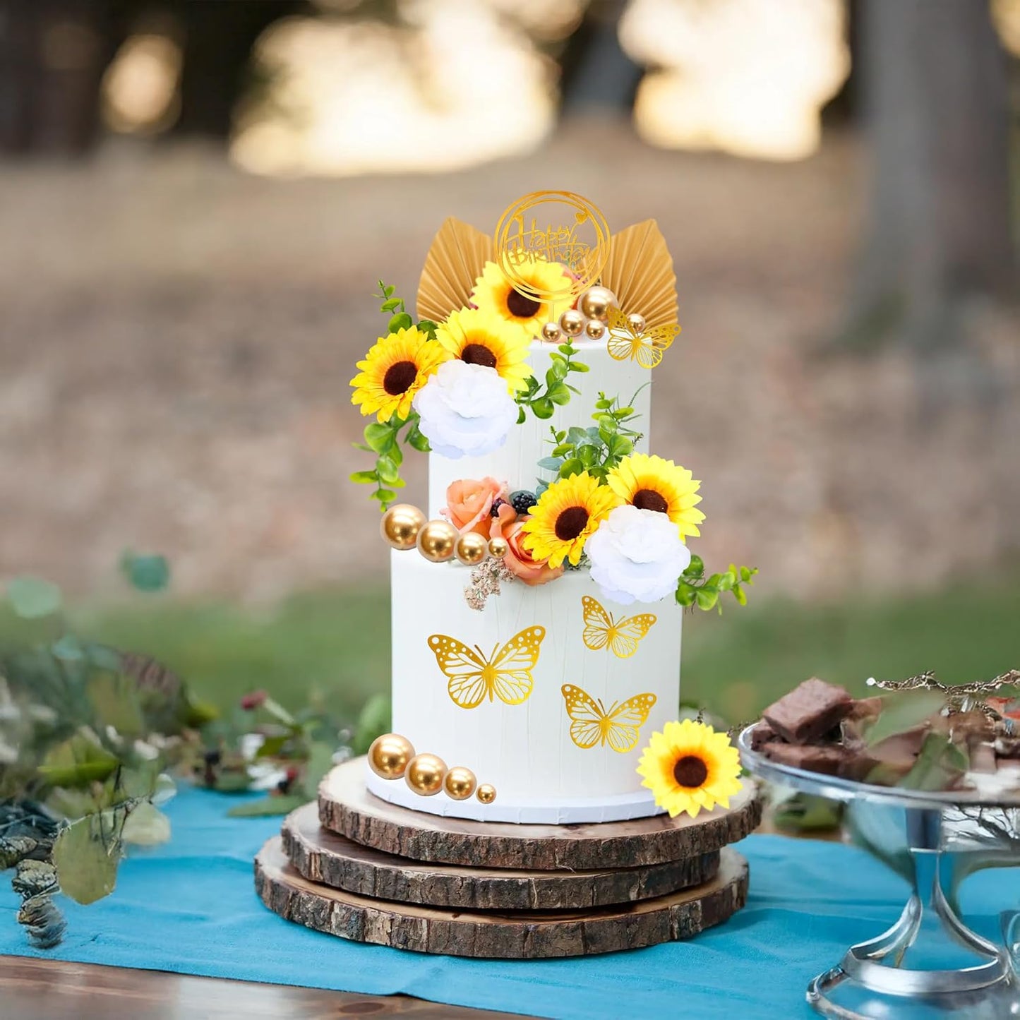 Gyufise 54Pcs Artificial Sunflower Cake Decorations Acrylic Happy Birthday Cake Topper Butterfly Balloon Cake Toppers for DIY Wedding Birthday Valentine's Day Party Supplies Yellow