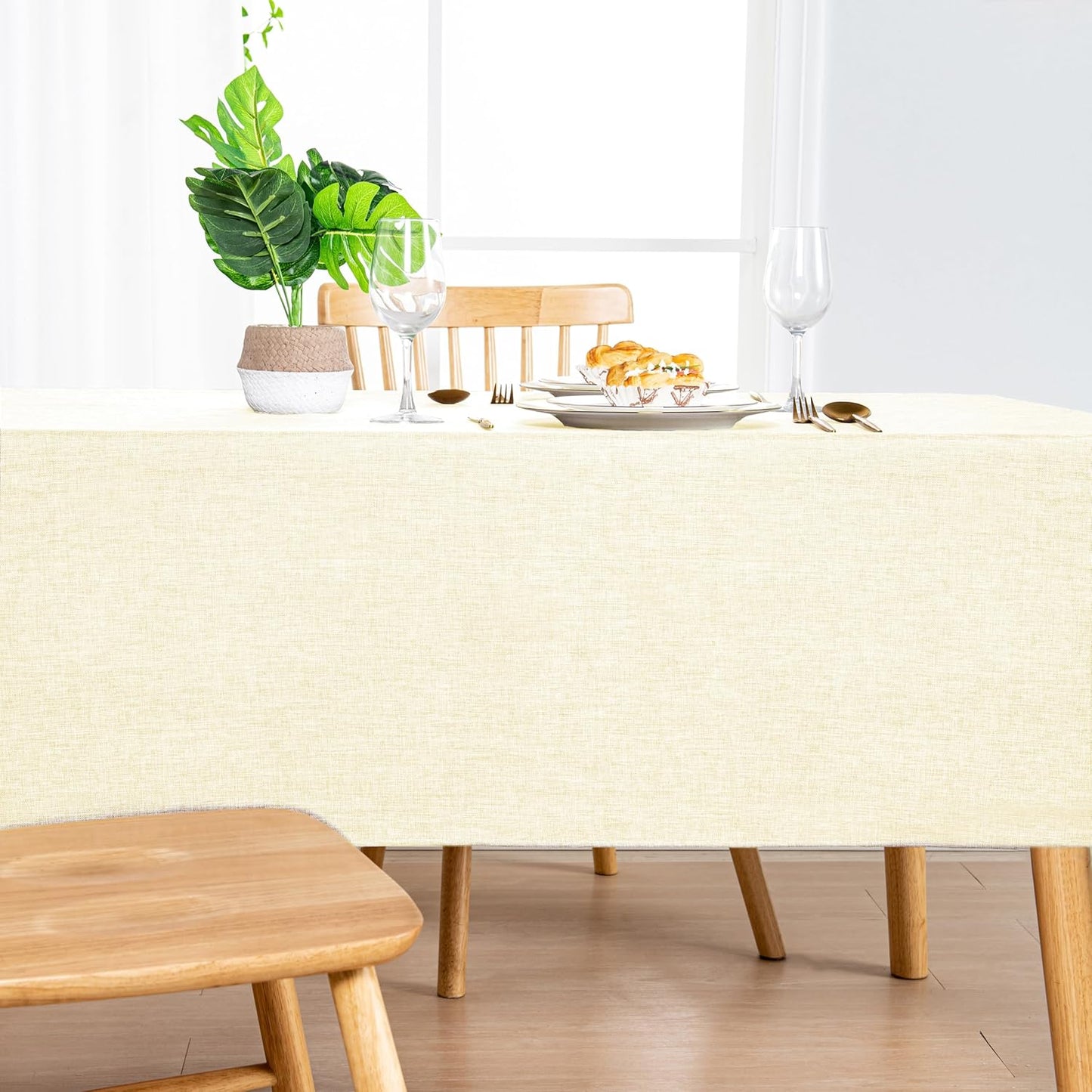 Hiasan 2 Pack Faux Linen Rectangle Tablecloth - Wrinkle and Stain Resistant Washable Table Cloth for Kitchen Dining Room Holiday Table Cover for Party Dinner, Champagne, 52 x 70 Inch
