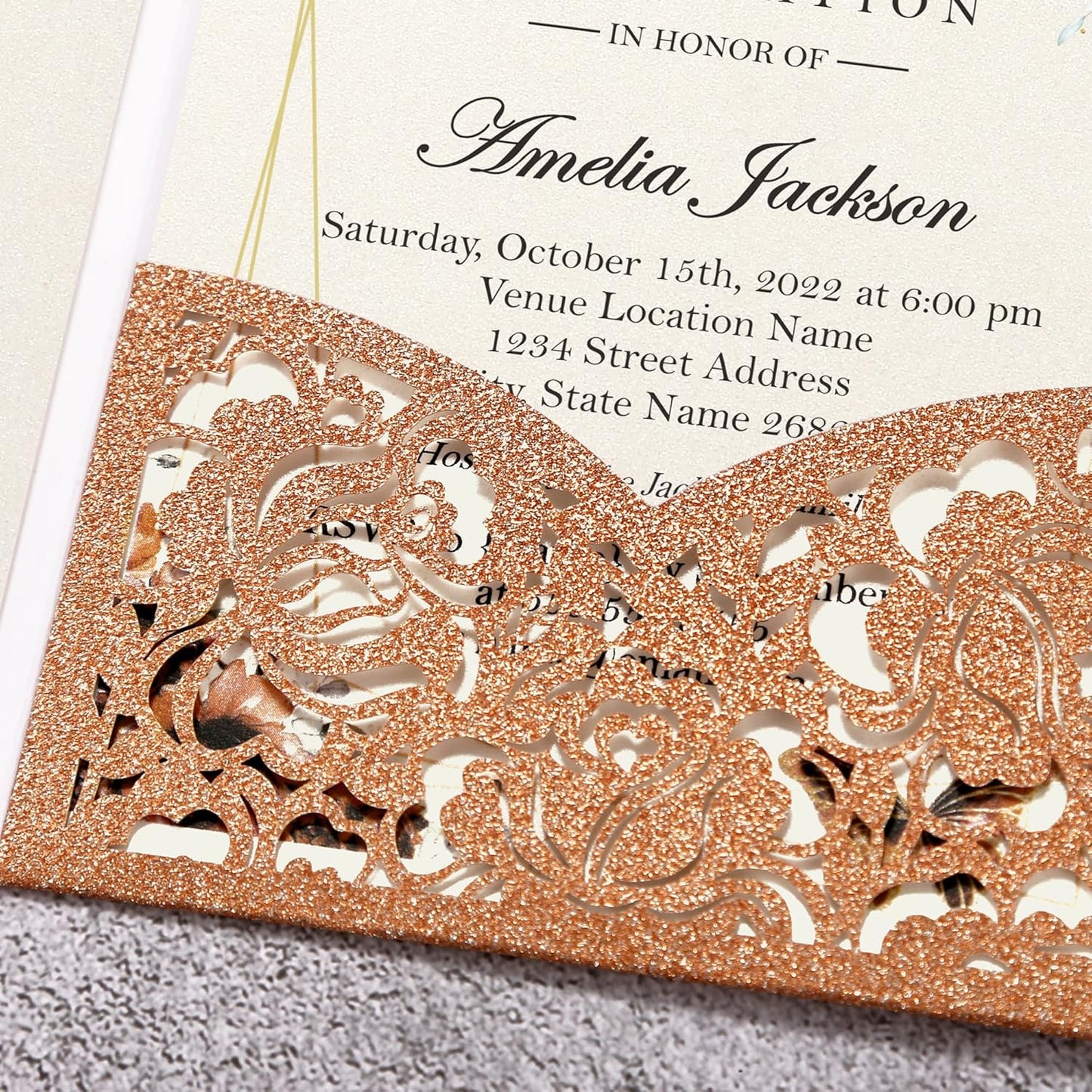 DORIS HOME 50pcs Laser Cut Quinceanera Invitations Terracotta Glitter, 4.7x7.1 Personalized Quince Invitations for 15th Birthday, Invitation cards for Sweet 16 with Envelopes
