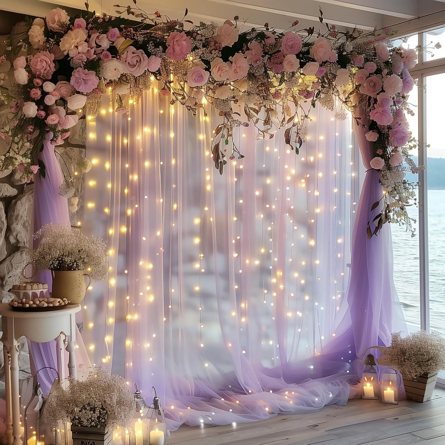 Fomcet Lavender Tulle Backdrop Curtains with Lights String 10FT X 8FT Sheer Curtain with Lights Tulle Curtains Backdrop for Wedding Birthday Party Photo Shoot (2 Panels 5x8FT)