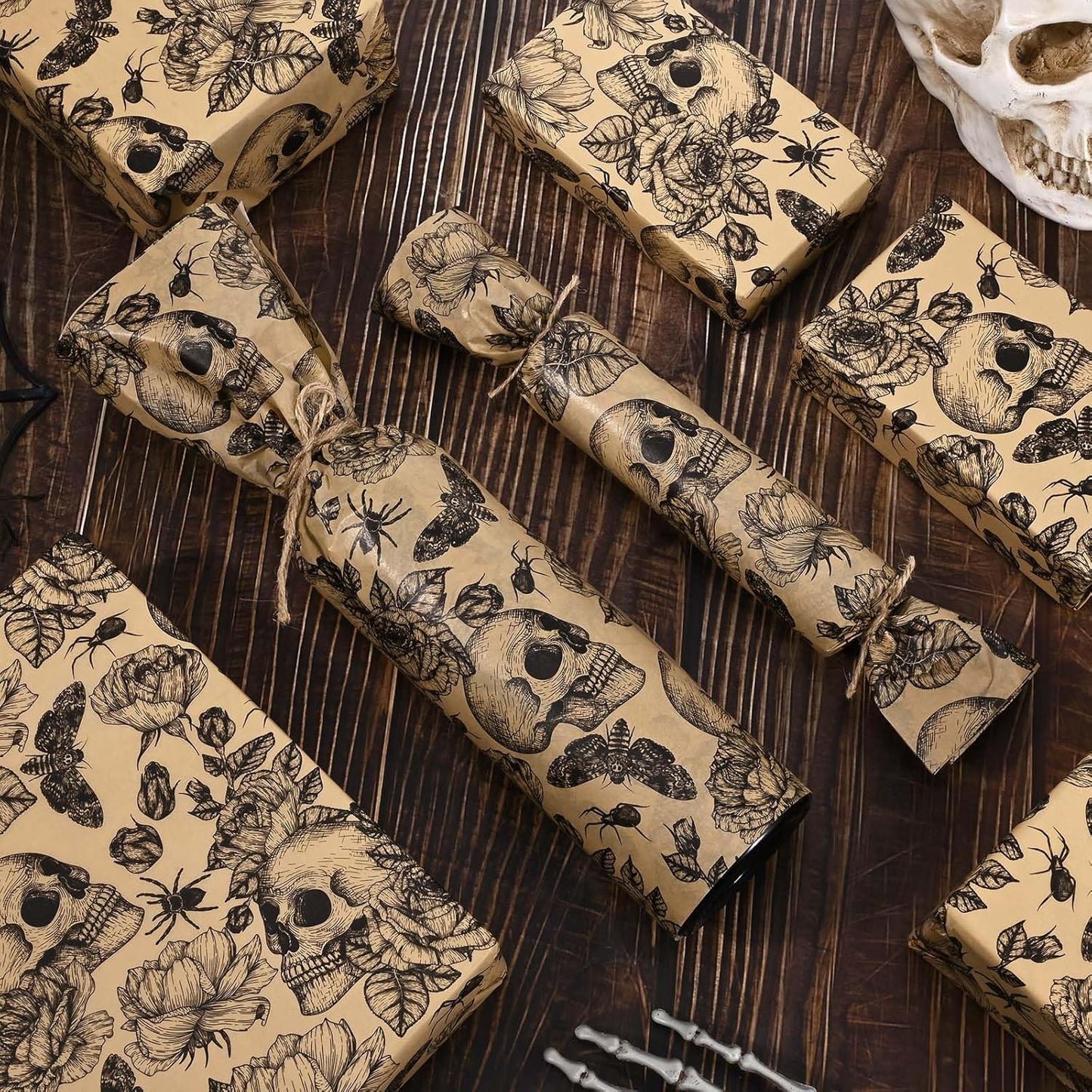 100 Sheets 20 * 14 Inches Vintage Halloween Tissue Paper Kraft Gothic Floral Skull Moth Spider Printed Tissue Paper for Gift Wrapping Spooky Decorative Tissue for Halloween Party DIY Craft Supplies
