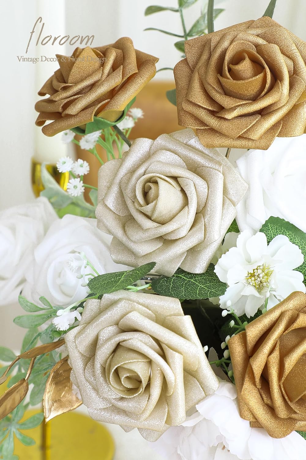 Floroom Artificial Flowers 25pcs Real Looking Gold & Champagne Gold Foam Fake Roses with Stems for DIY Wedding Bouquets Bridal Shower Centerpieces Floral Arrangements Party Tables Home Decorations
