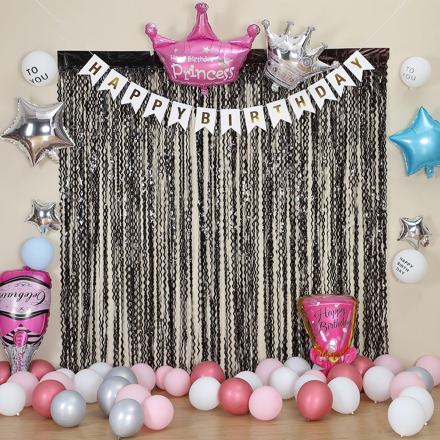 3 Pack New Years Decorations Wavy Black Tinsel Foil Fringe Curtains Party Backdrop 3.3 x 6.6 ft Streamer Backdrop Tinsel Curtains for Birthday, Graduation, Fiesta, Halloween Party Decor