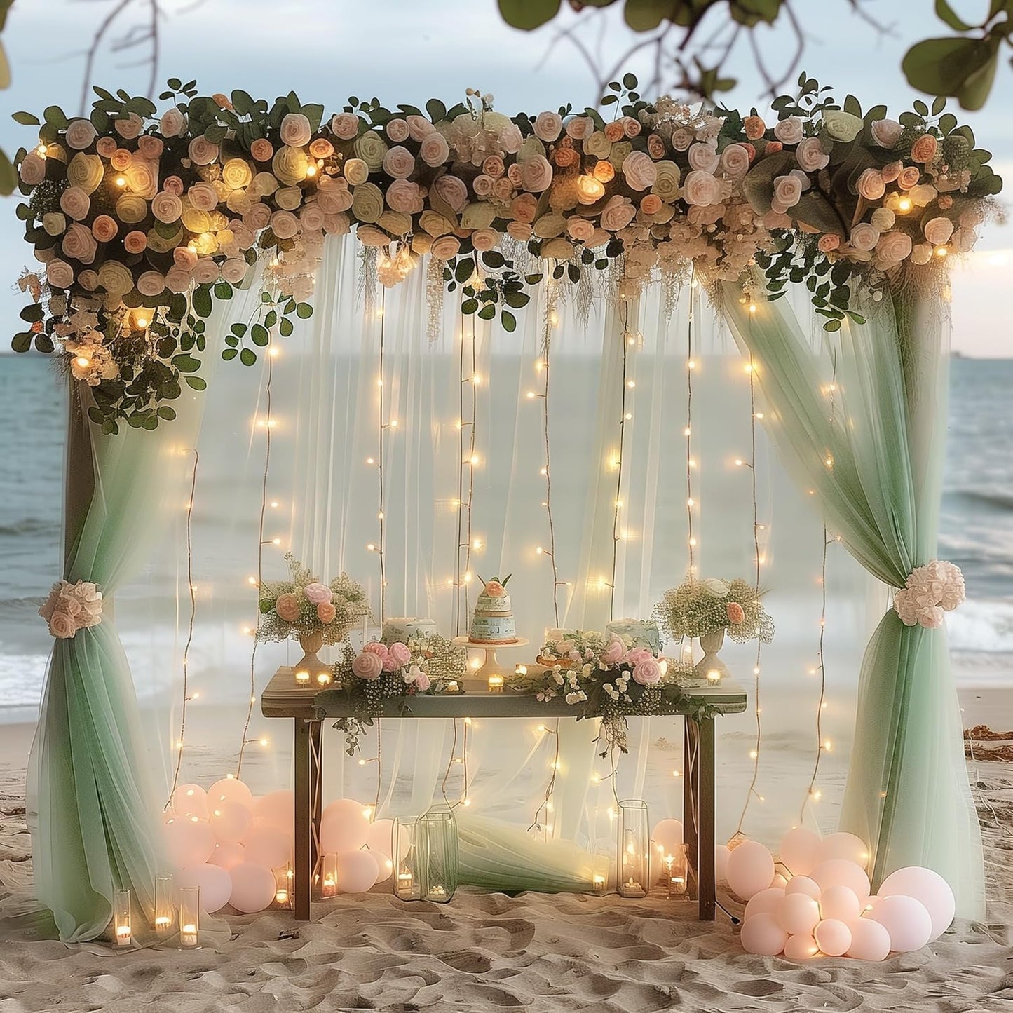 Fomcet Sage Green Tulle Backdrop Curtains with Lights String 10FT X 10FT Sheer Curtain with Lights Tulle Curtains Backdrop for Wedding Birthday Party Photo Shoot (2 Panels 5x10FT)