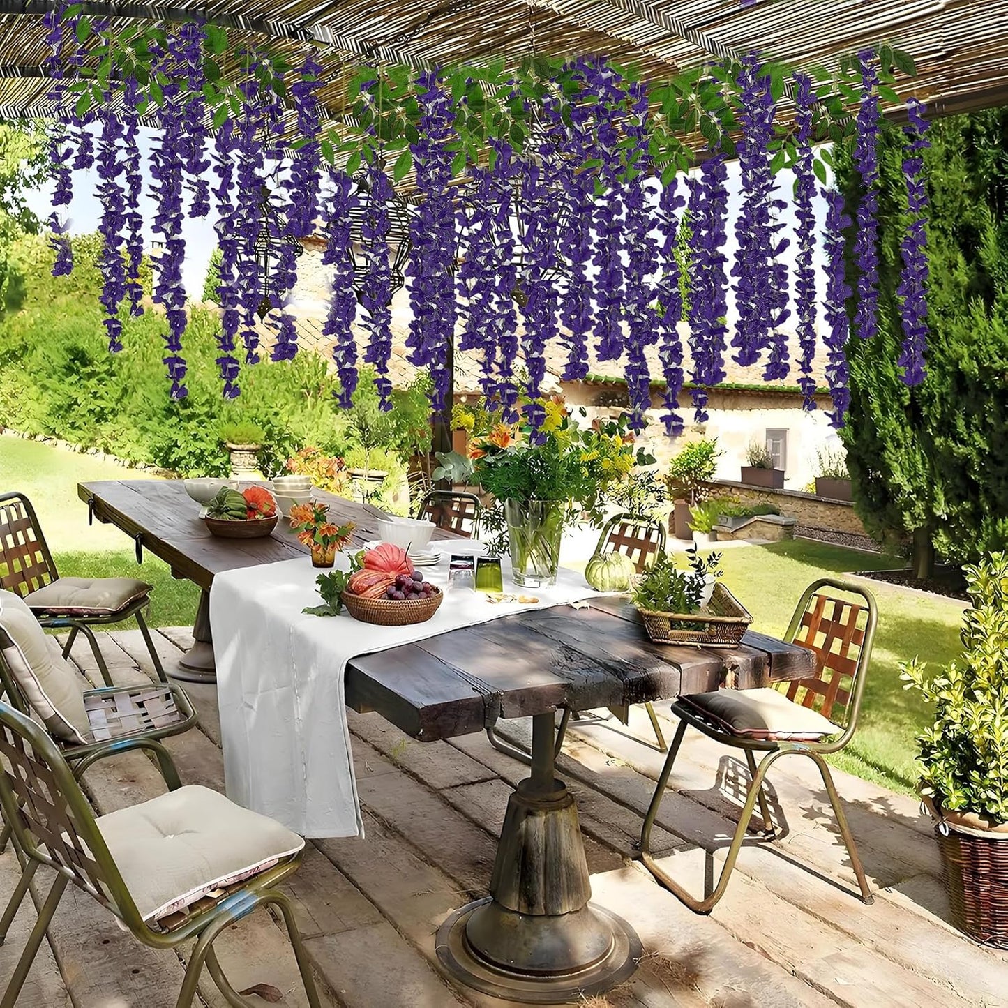 24 Pcs of Wisteria Hanging Flowers, 3.75 Feet Fake Wisteria Flower Strings, Artificial Wisteria Flowers Hanging Garland for Backdrop, Wedding, Ceremony,Garden and Home Wall Decoration (Dark Purple)