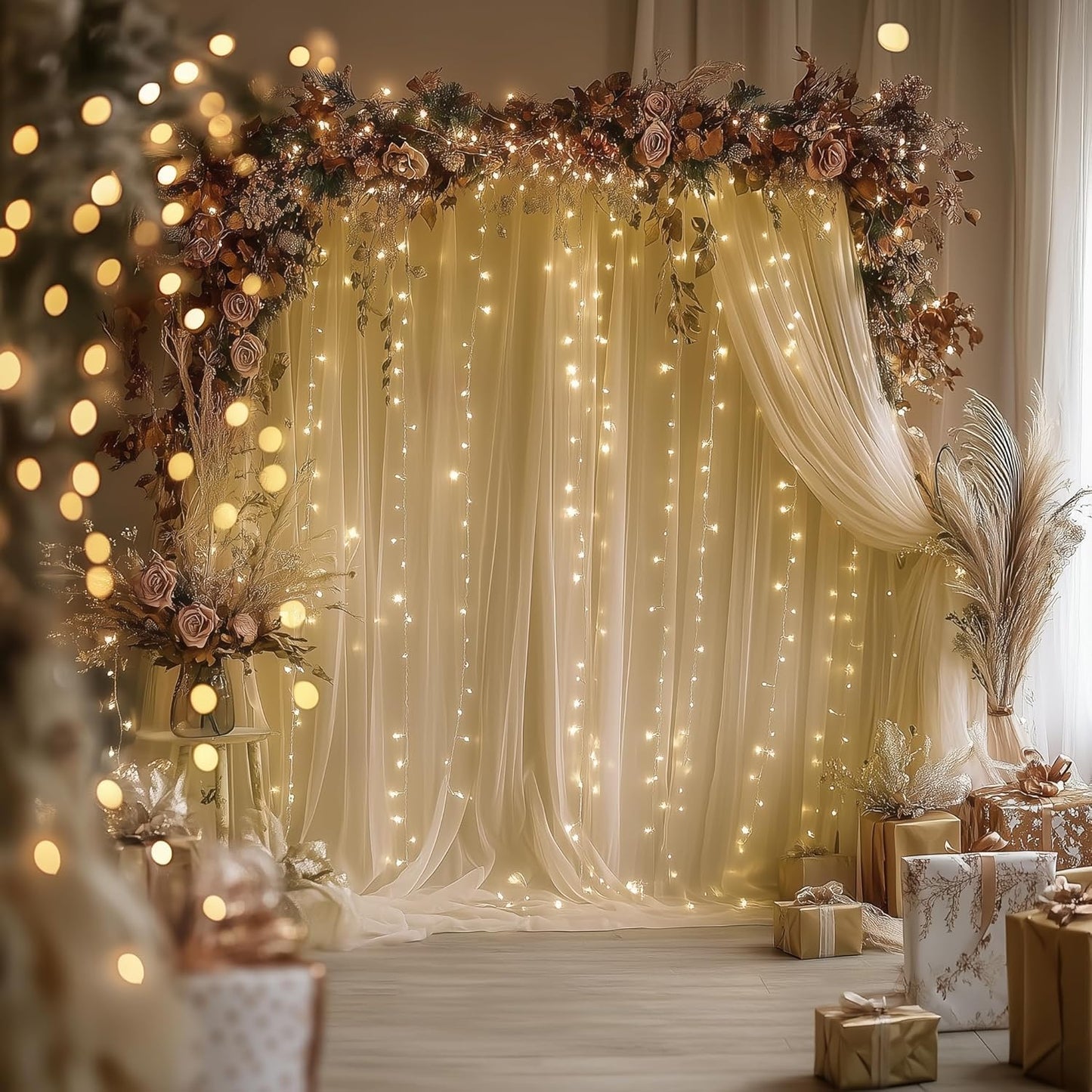 Tulle Backdrop Curtain with Lights String 20 X 10FT Champagne Sheer Tulle Backdrop Curtains for Wedding Birthday Party Reception Photo Booth Background Decorations (4 Panels 5x10FT)