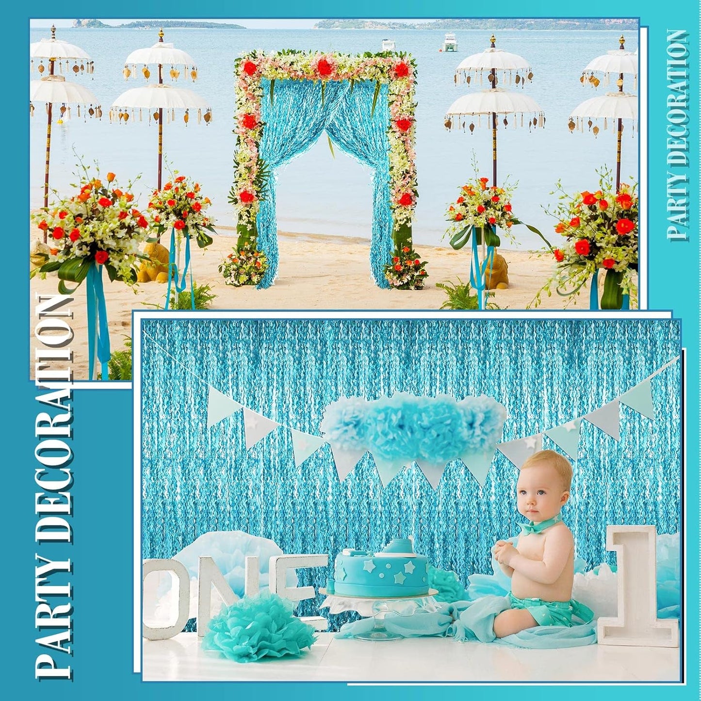 10 Pieces 3.3 x 6.6 Ft Foil Fringe Backdrop Party Wavy Tinsel Fringe Curtain Streamer for Happy New Year Carnival Party Favor 80s 90s Disco Ocean Sea Mermaid Birthday Wedding(Blue Green)