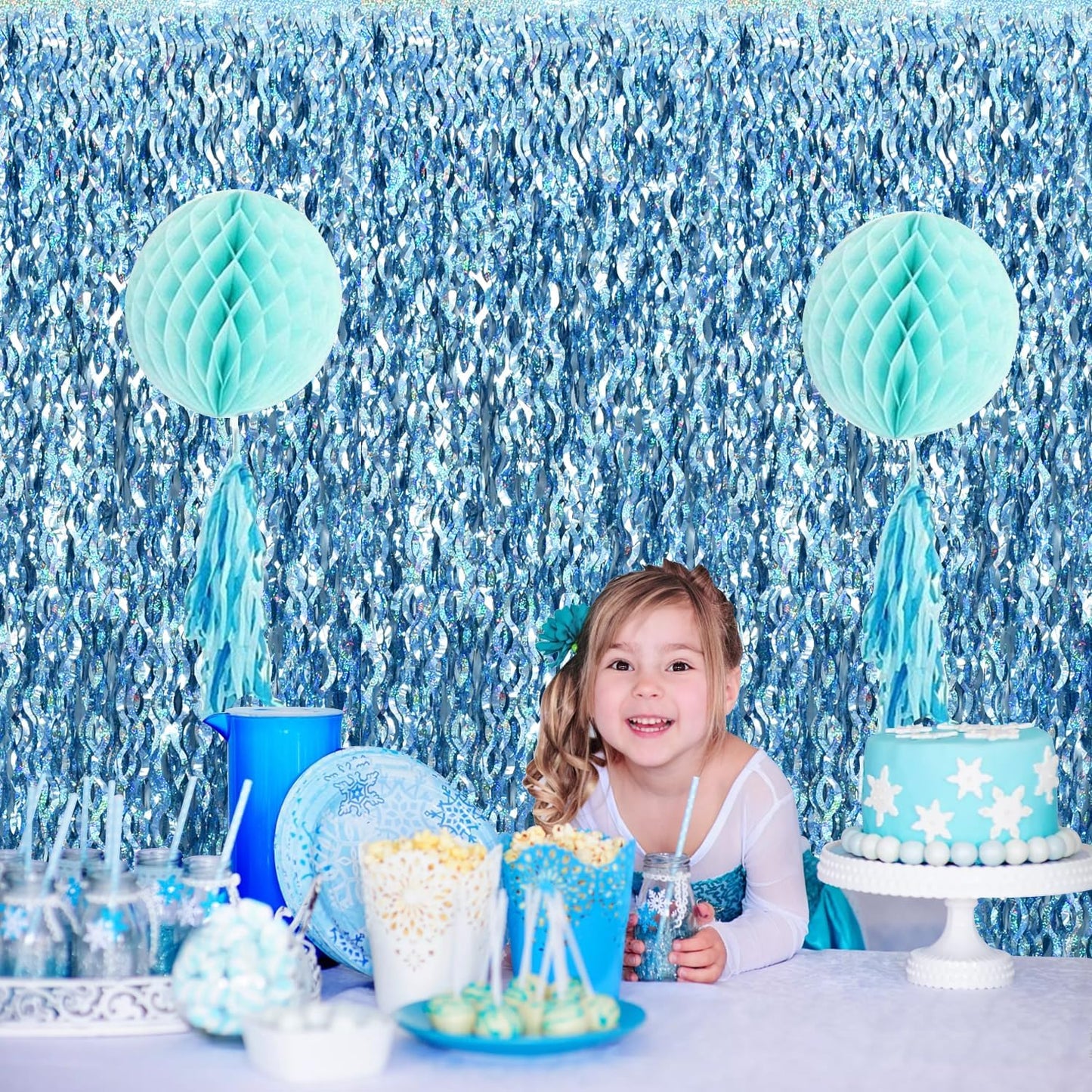 TONIFUL 3Pcs Wavy Metallic Tinsel Foil Fringe Curtains Light Blue Streamer Backdrop for Photo Booth Props,Party Door Wall Curtains,Bachelorette,Underwater World Birthday Party Decor (9.9ft x 6.6ft)
