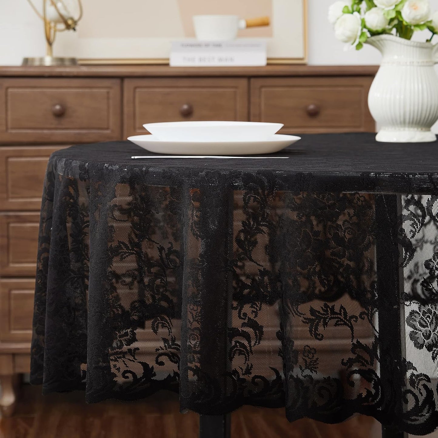 LinenZone Extra Large Black Round Tablecloth for Rustic Vintage Decor. Sheer Lace Table Cloth Works Great As Wedding Tablecloth or Thanksgiving Table Cover. (Mia 132 Round, Black)