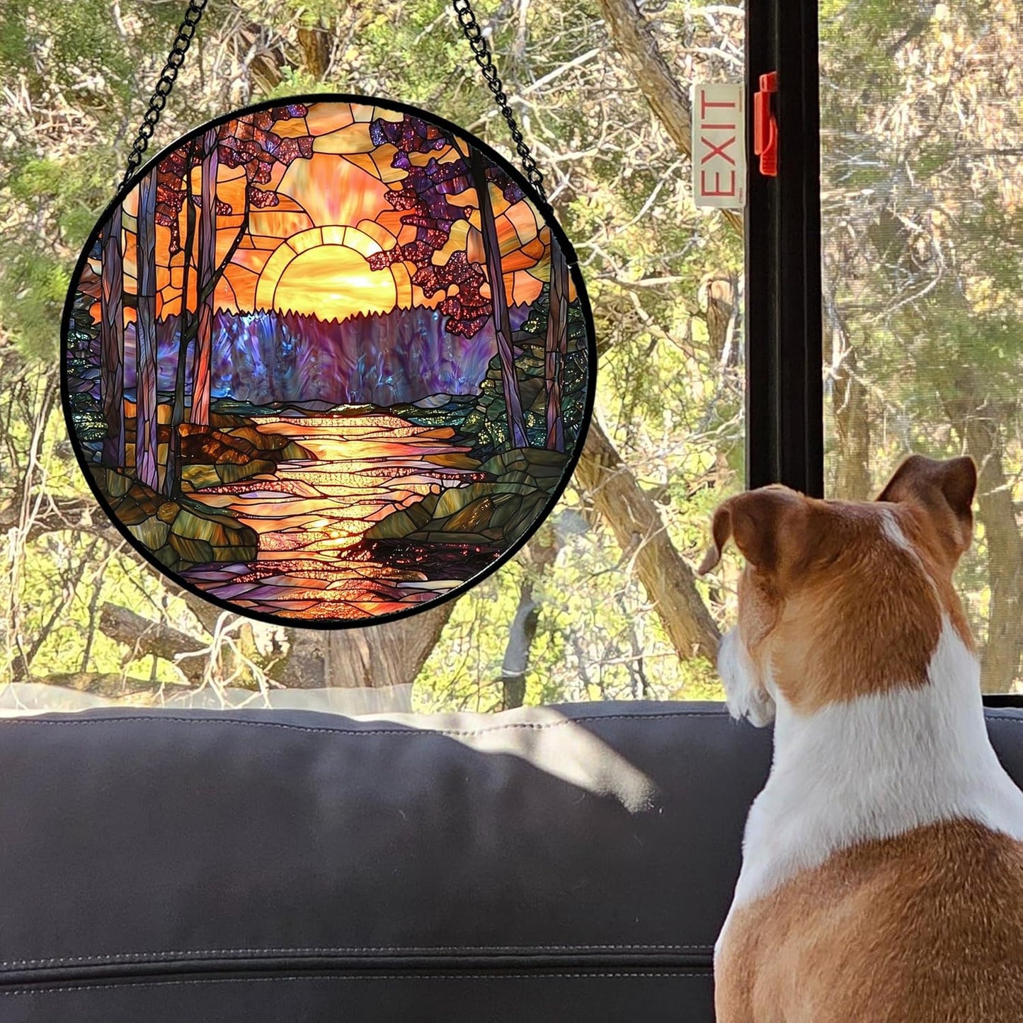 Stained Glass Window Hanging, Orange Landscape Green Purple Lake Forest Suncatcher for Doors Window Home Sun Catchers Decor Mother's Day Birthday Gifts for Women Men Mom 7.8 in