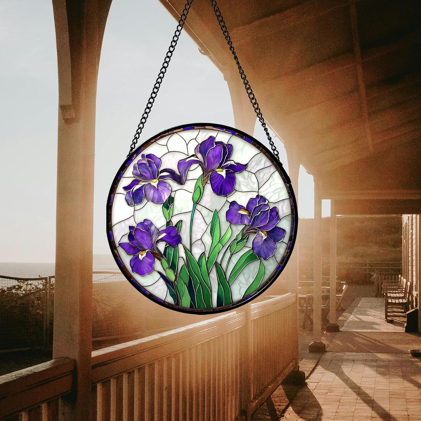 Stained Glass Window Hanging - Purple Iris Flower Sun Catcher for Door Terrace Garden Home Decor, Green Plants Suncatcher Birthday Gifts for Lovers Women Men Dad Mom Nana 6.3 in