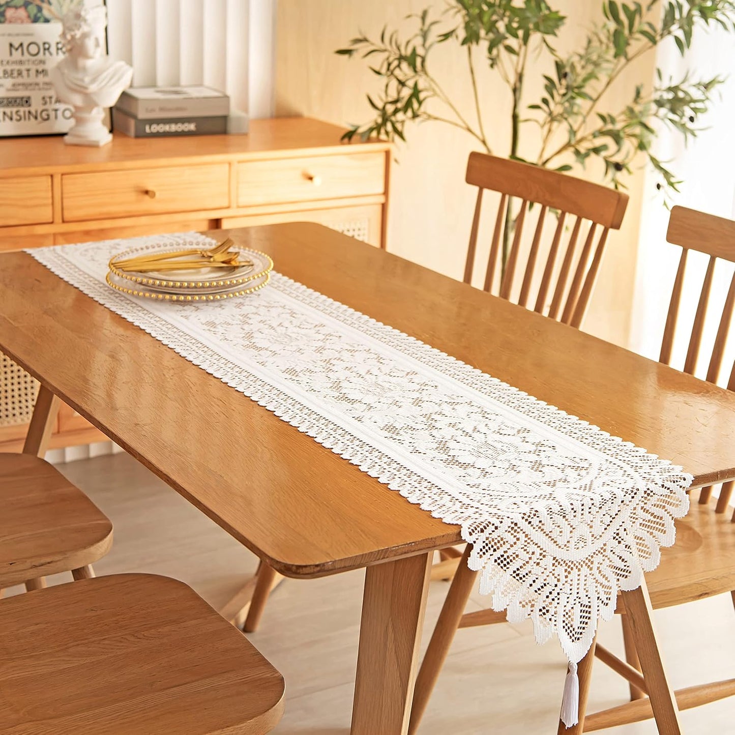 Tinsow 2 Pack Cotton Crochet Lace Rectangular Table Runner Dresser Scarf Doilies (White Style, 13" X 71")