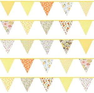 jijAcraft 39Ft Triangle Bunting Banner, 42Pcs Tea Floral Party Bunting Cotton Fabric Flags Pennant Garlands for Birthday Party, Wedding, Baby Shower, Outdoor and Home Decorations (Yellow)