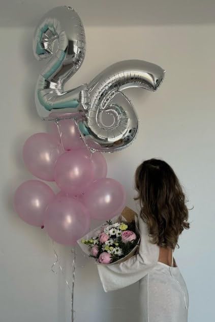 40 Inch Silver Mylar Foil Number 26 Birthday Balloon, Digital Balloons for 26 Boy Girl Party Decorations Supplies, Big Helium Balloon Numbers for 26 Men Women Anniversary