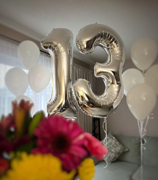 40 Inch Silver 13 Large Number Balloon, 13 31 Silver Birthday Party Decorations, Number 13 Foil Balloons for Anniversary Party Graduations Celebration Supplies
