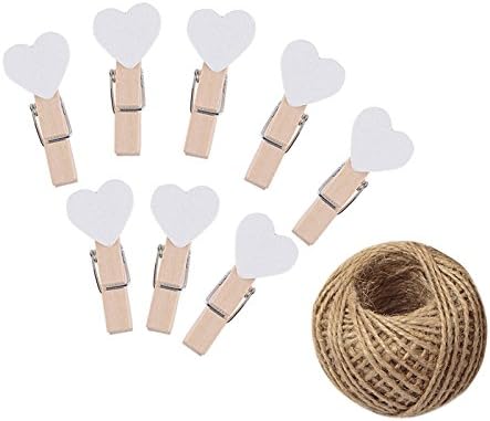 100 Pcs White Mini Wooden Heart Clothespins 3.5 cm with Spring Wooden Photo Paper Pegs Craft Clips for Wedding Party Decor with 100 Feet Jute Twine