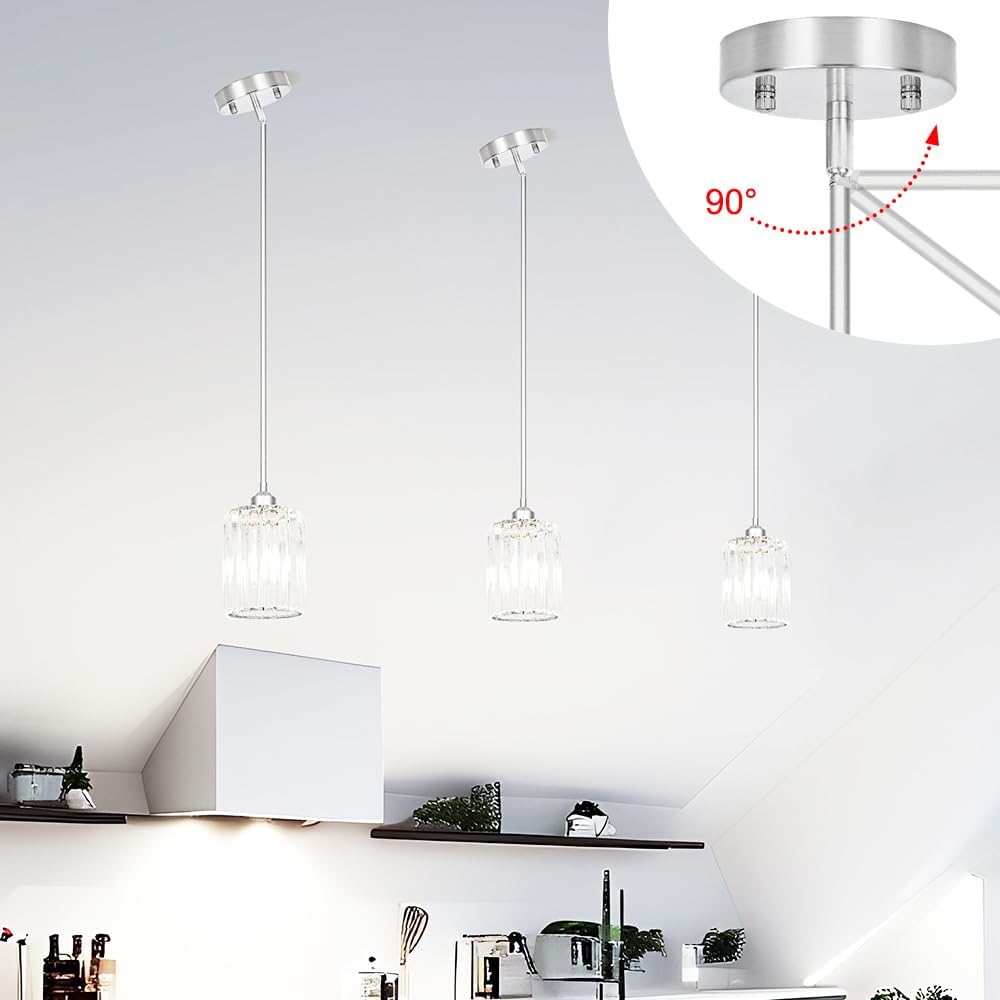 Chrome Kitchen Pendant Lights Over Island with Adjustable Rods - Crystal Pendant Lighting Fixtures for Sloped Ceiling, Ideal Over Dining Table or Bar, E26 Bulb Compatible, No Electrician Needed