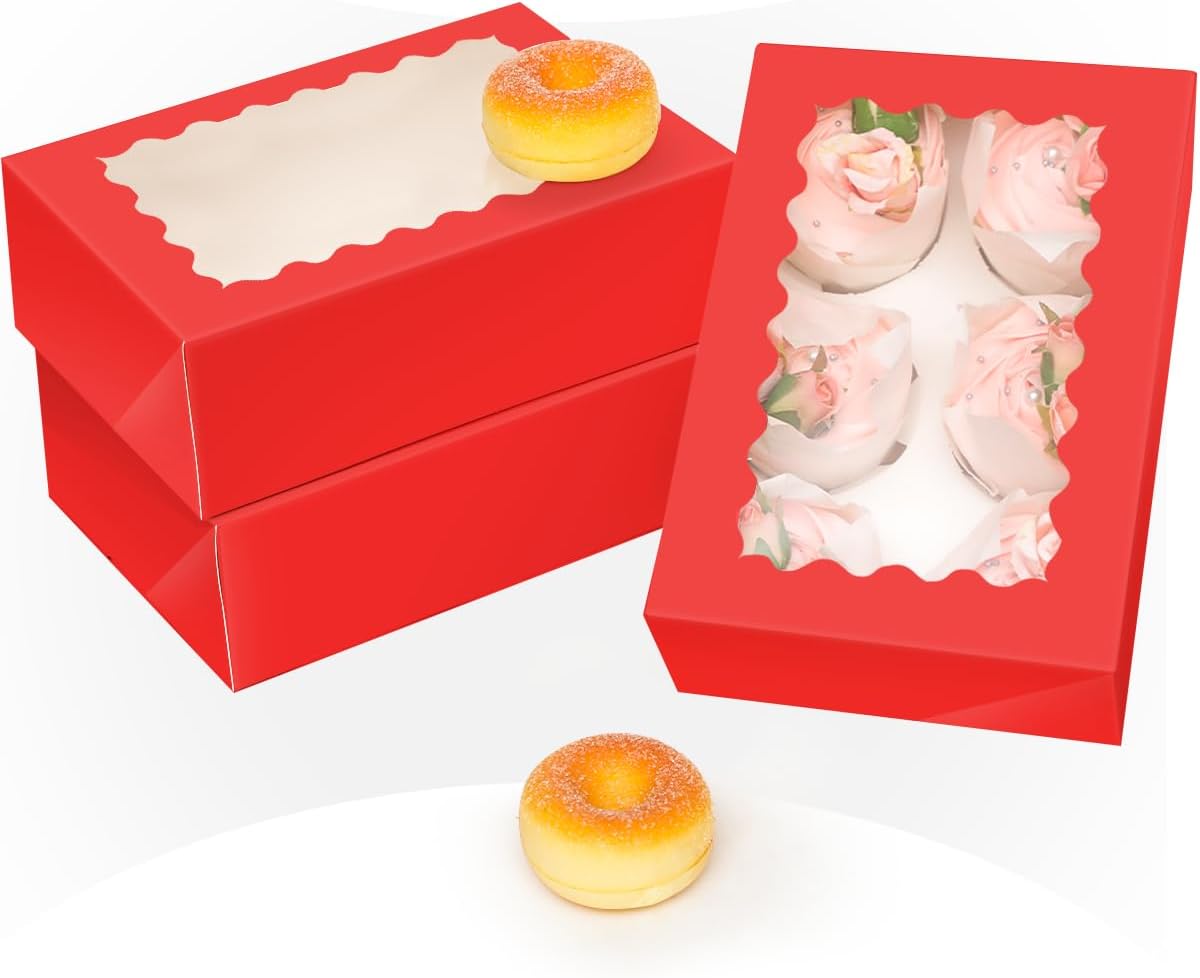 qiqee Auto-pop up Red 6 Cupcake Boxes with Window 30 Packs Cupcake Box 9"x6.1"x3.3" Bakery Boxes For Cupcakes Carrier, Cupcake Containers