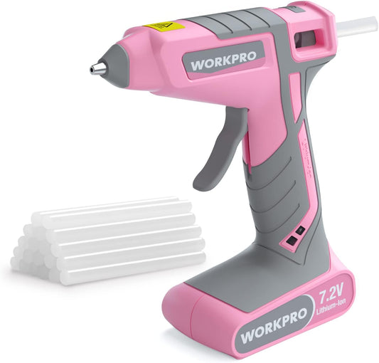 WORKPRO Pink Cordless Hot Melt Glue Gun, 7.2V Rechargeable Fast Preheating Glue Gun Kit with 20 Pc Premium Mini Glue Stick, Automatic-Power-Off Hot Glue Gun for Art, Craft, Decoration - Pink Ribbon