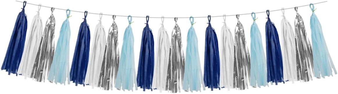 Teal Silver White Navy-Blue Party-Decorations – 15pcs Tissue Paper Tassel Garland Banner Birthday Decorations for Boy Men Christmas Baby Shower Winter Theme Hanging Decor HongTongTong
