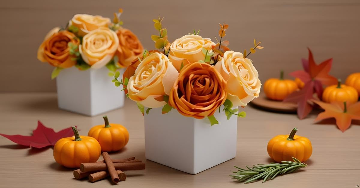 LADADA Artificial Roses in White Ceramic Vase, Orange and Cream Fake Flowers with Eucalyptus Stems, Faux Floral Arrangement for Home Decor, Table Centerpiece for Dining Table, Kitchen, Office