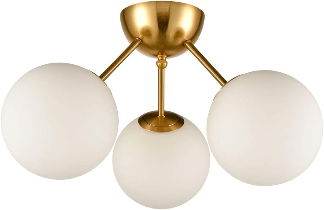 HOLKIRT Classic Mid Century Modern Globe Semi Flush Mount Ceiling Light Sputnik Chandeliers,White Frosted Glass Gold Finished for Living Room Dining Room Bedroom 3- Light