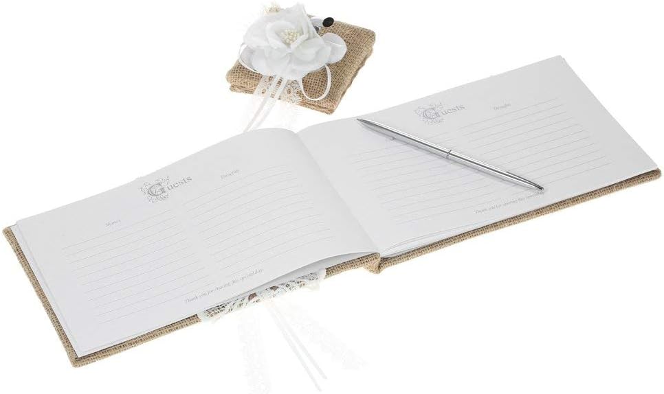 Fbest 4pcs/Set Vintage Rustic Burlap Wedding Supplies Flower Girl Basket + Ring Bearer Pillow + Guest Book + Pen Holder Set