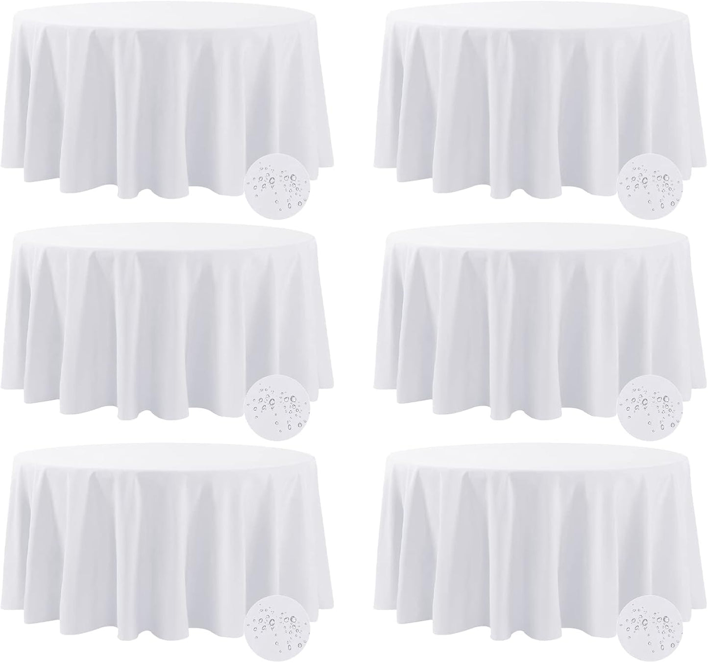 Fokitut 6 Pack Waterproof Round Tablecloth, 120 Inch, Stain Resistant and Wrinkle Polyester Table Cloth, Fabric Table Cover for Kitchen Dining, Wedding, Party, Holiday Dinner-White
