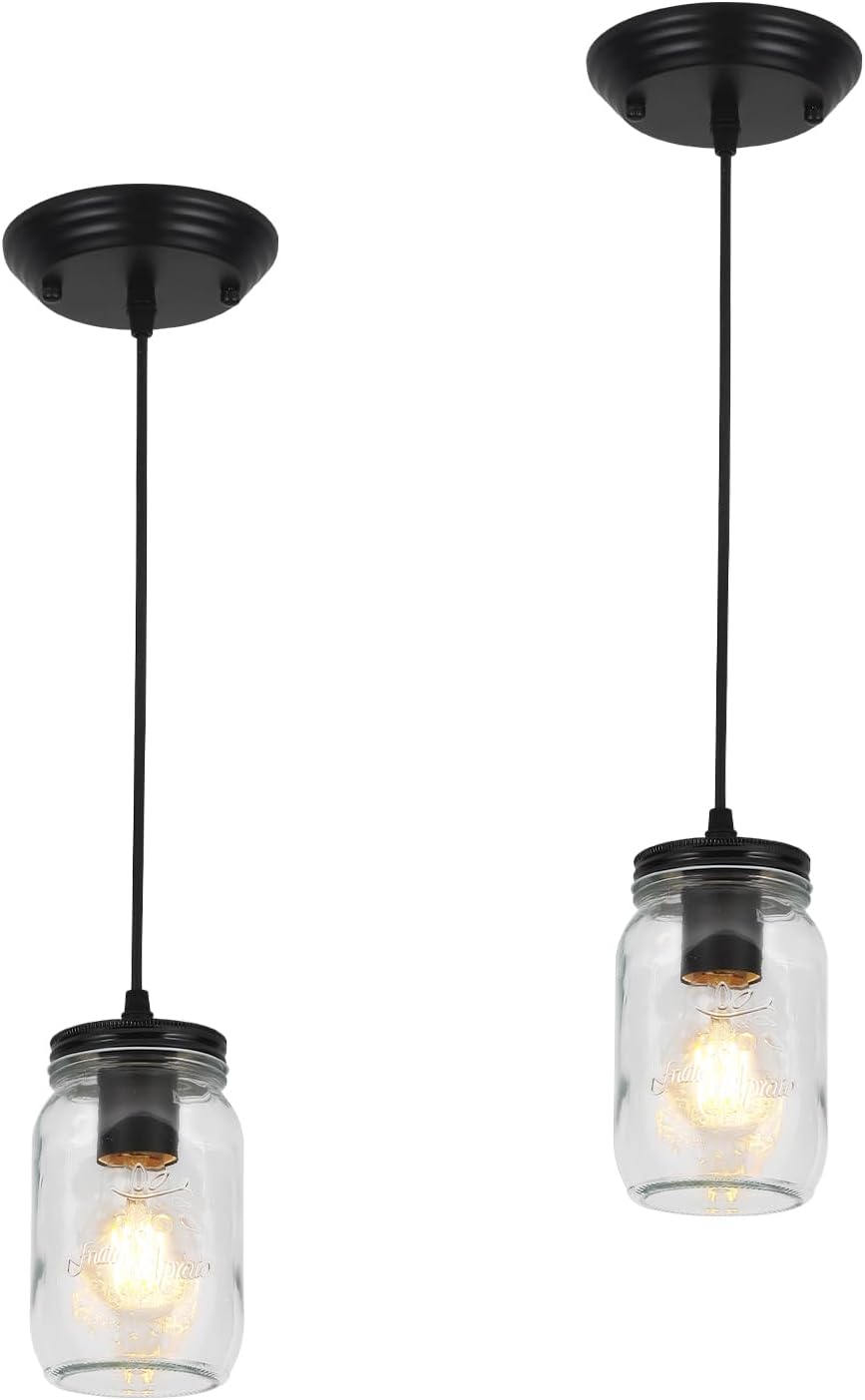 Black Pendant Lights, 2 Pack Clear Glass Pendant Lights Kitchen Island, Farmhouse Mason Jar Pendant Lighting, Mini Hanging Lights for Kitchen Sink Dining Room Bedroom Hallway