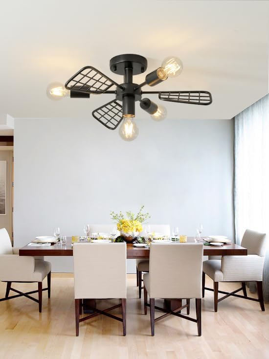 Modern Farmhouse Chandelier,21 Inch Black Metal Geometry Rustic Vintage Semi Flush Mounted Ceiling Light Fixture for Dining Room Bedroom Kitchen Island Hallway Foyer Entryway(4-Light)