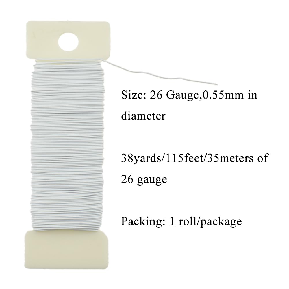 HAHIYO 26Gauge White Metal Floral Wire - 1 Roll, 38 Yards (115 Feet) - Flexible Paddle Wire for Crafts, Christmas Wreaths, Tree & Flower Arrangement