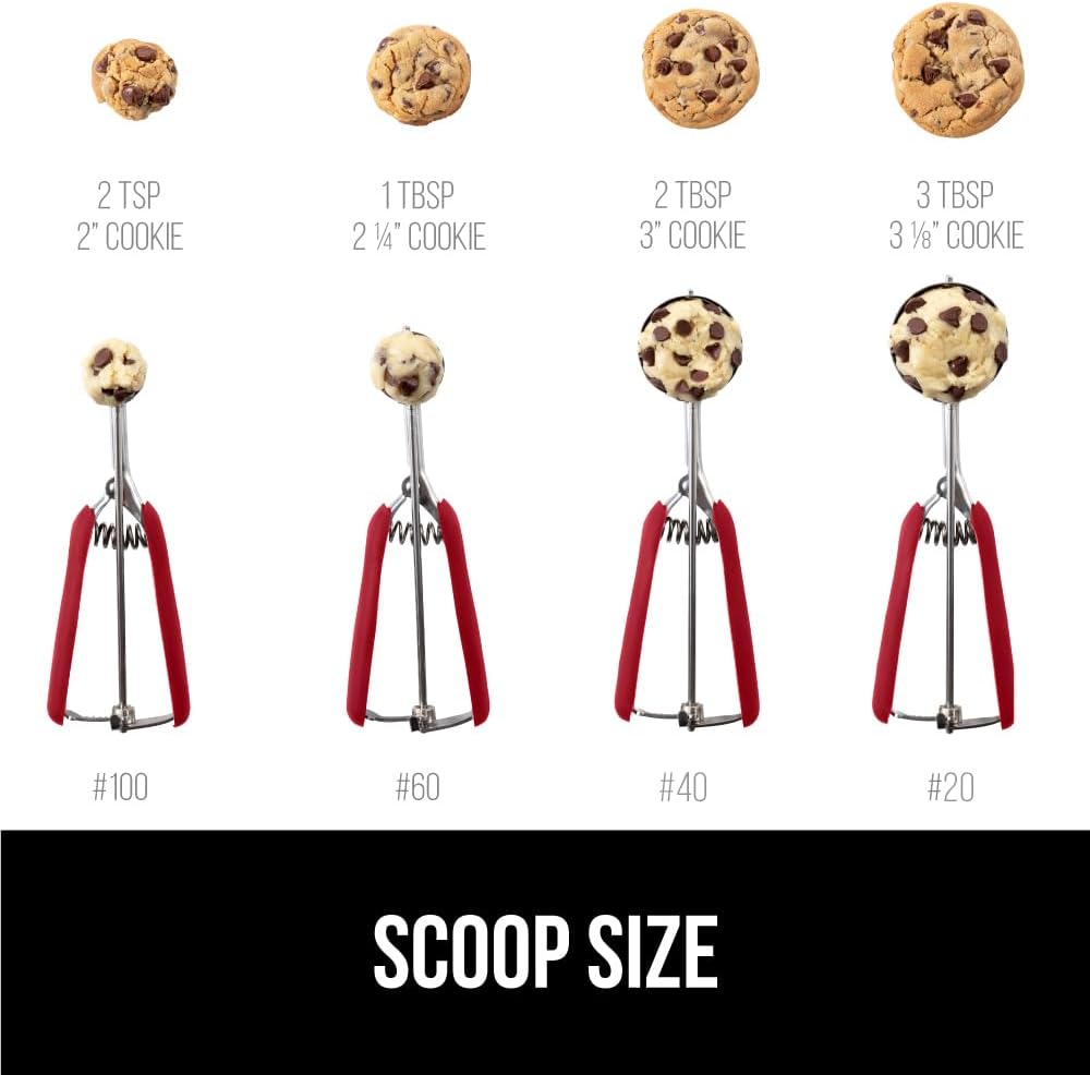 GORILLA GRIP Stainless Steel Cookie Scoop for Baking, 2 TBSP, Multipurpose Melon Baller, Meatball Spring Scoops, Perfect Portion Sizes, Easy Food Release, Scooper Size 40, BPA-Free Kitchen Tool, Red