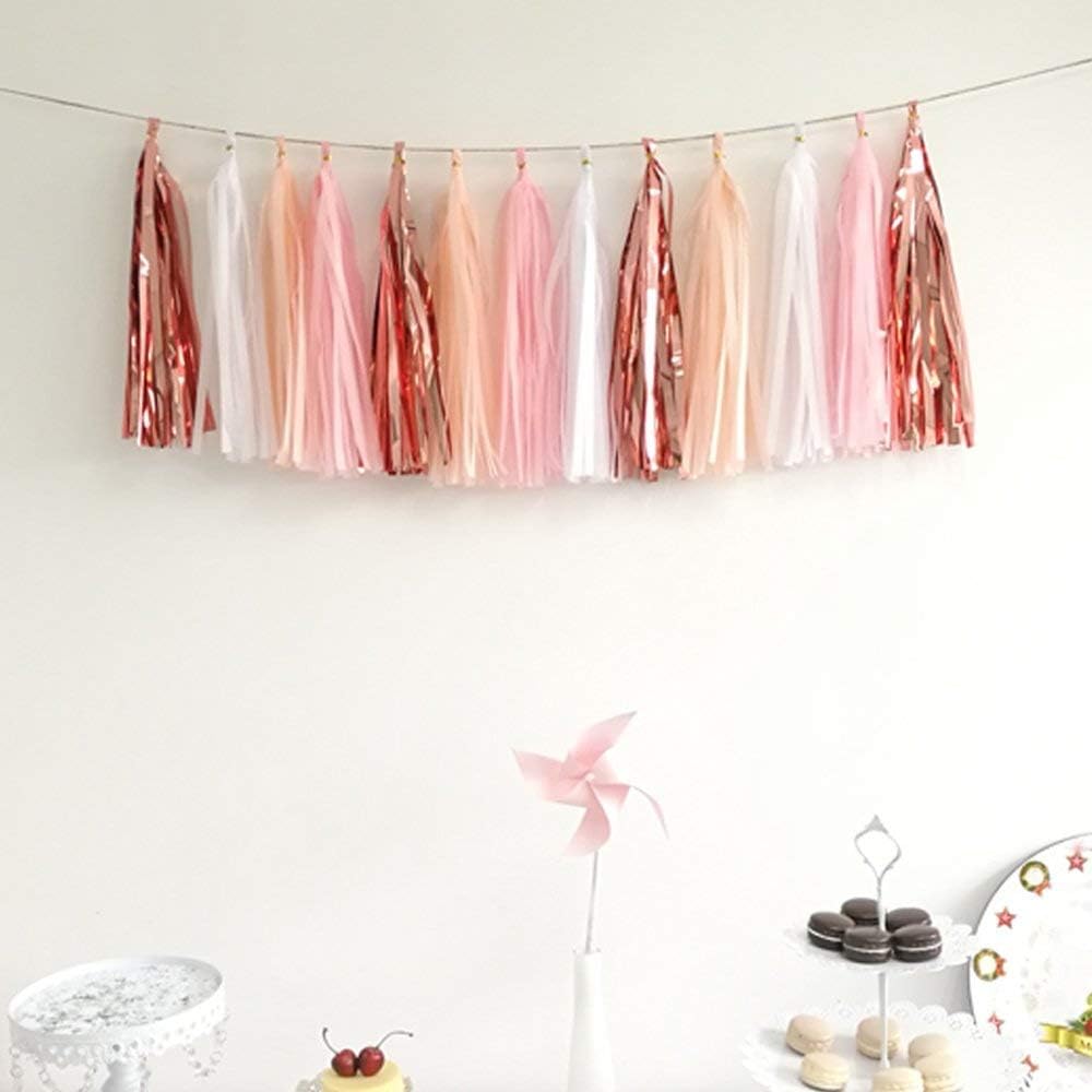 ZOOYOO Pink Shiny Tassel Garland Tissue Paper Tassel Banner,Table Decor,DIY Kits for Tassels Party Decoration,Pack of 20(Rose Gold, Peach, Light Pink, White)