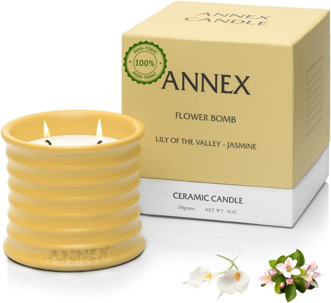 Scented Luxury Candles in Handmade Ceramic Jars, Soy Wax | Flower Bomb – Lily of The Valley & Jasmine, Large Candle | Non Toxic, 2 Wicks, Reusable Yellow Jar | Natural Spring Aromatherapy for Women