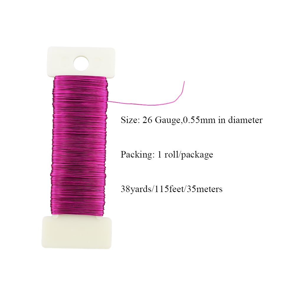 HAHIYO 26Gauge Rose Red Metal Floral Wire - 1 Roll, 38 Yards (115 Feet) - Flexible Paddle Wire for Craft, Christmas Wreath, Flower Arrangement, Bouquet Wrapping, Wedding, DIY