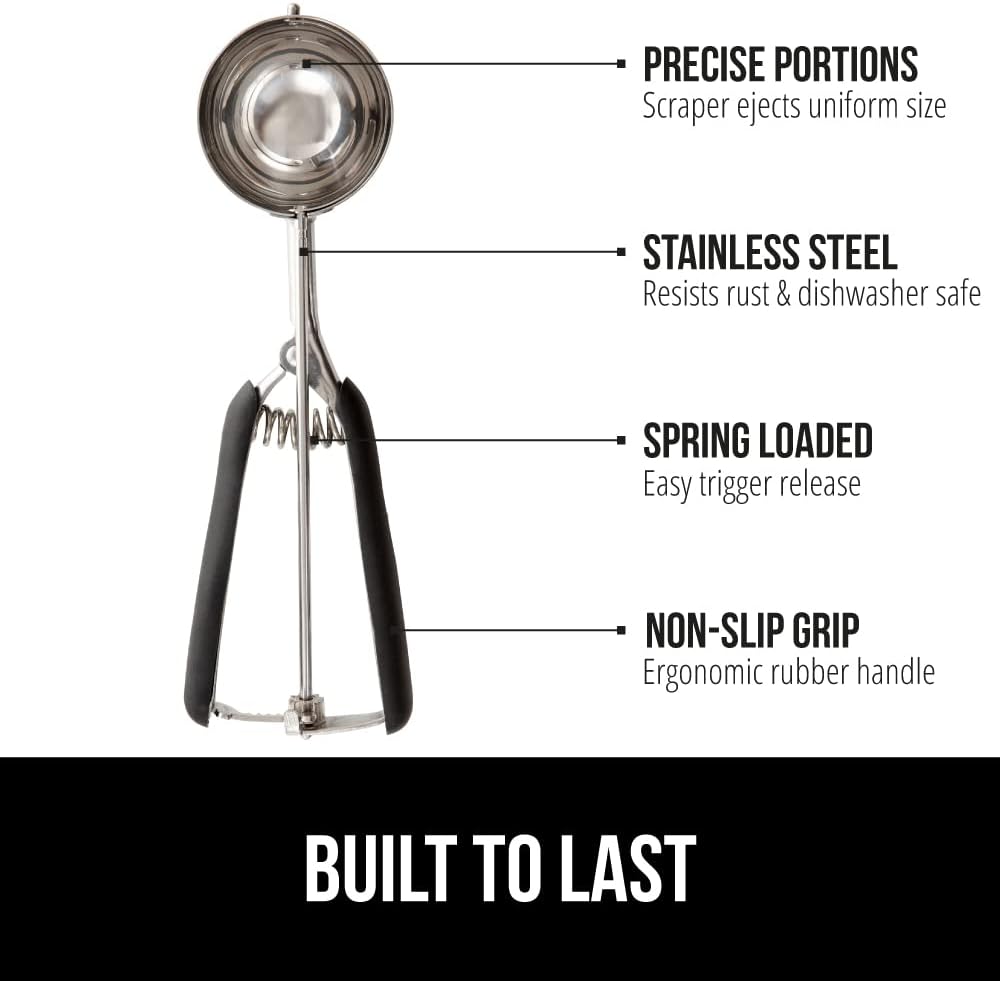 GORILLA GRIP Stainless Steel Cookie Scoop for Baking, 3 TBSP, Multipurpose Melon Baller, Meatball Spring Scoops, Perfect Portion Sizes, Easy Food Release, Scooper Size 20, BPA-Free Kitchen Tool, Black